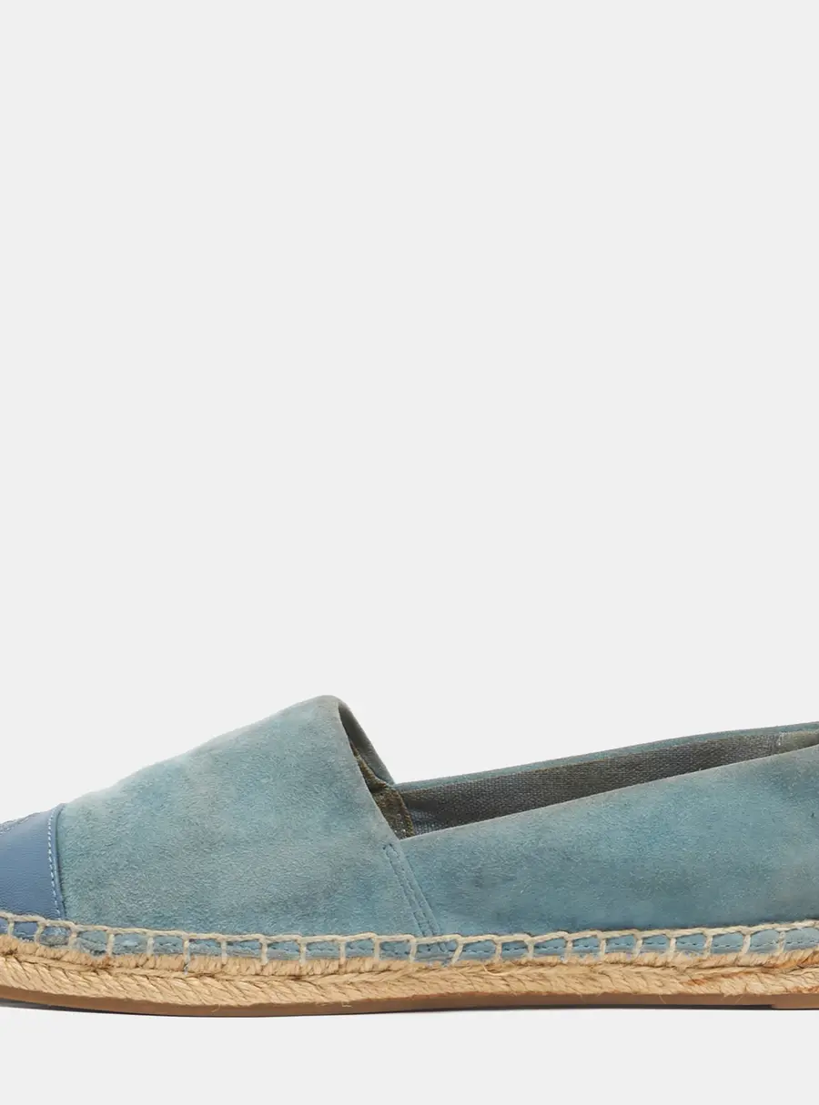 Tory Burch Blue Suede and Leather Logo Cap Toe Espadrille Flats Size 35.5