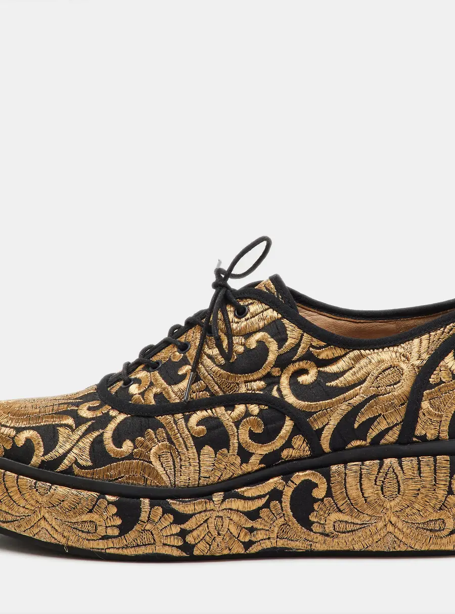 Tory Burch Black/Gold Brocade Fabric Arden Platform Oxfords Size 38.5