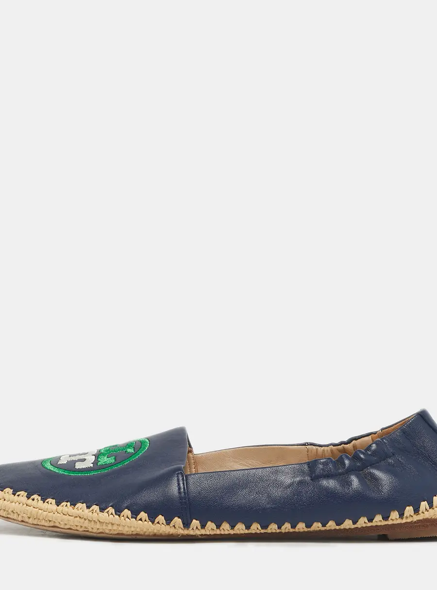 Tory Burch Navy Blue Leather Ines Espadrille Flats Size 37.5