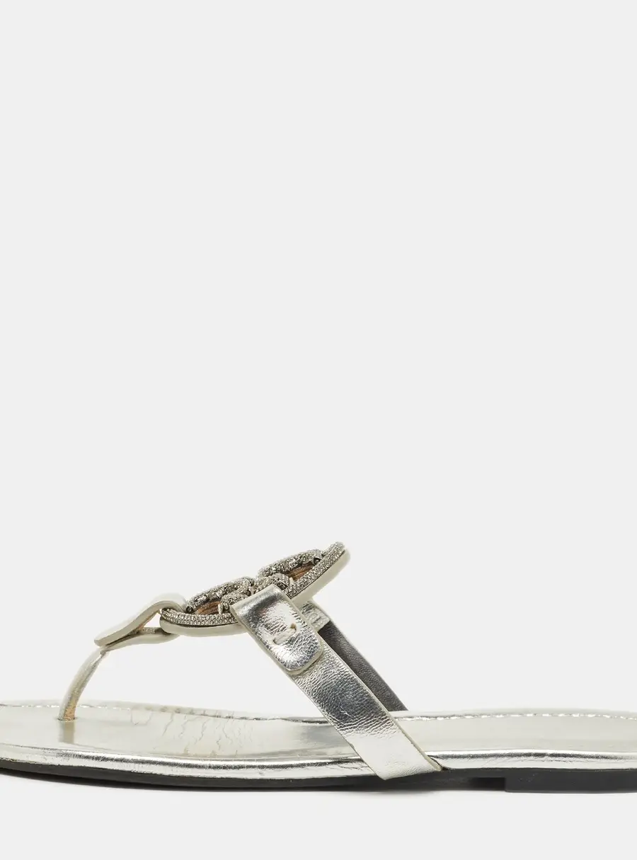 Tory Burch Silver Leather Miller Thong Sandals Size 37.5