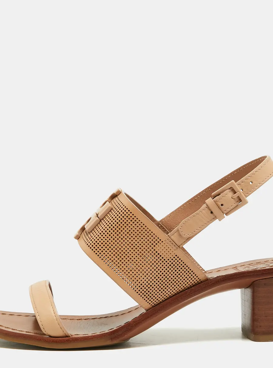 Tory Burch Eleanor Size 38 Beige Leather Block Heel Slingback Sandals