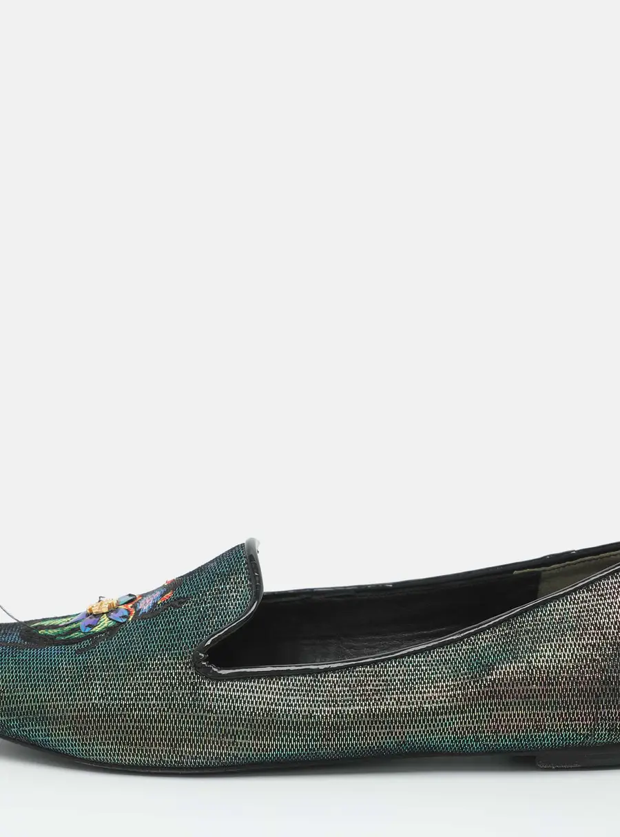 Tory Burch Beetle Embroidered Size 38 Green Iridescent Fabric Smoking Slippers