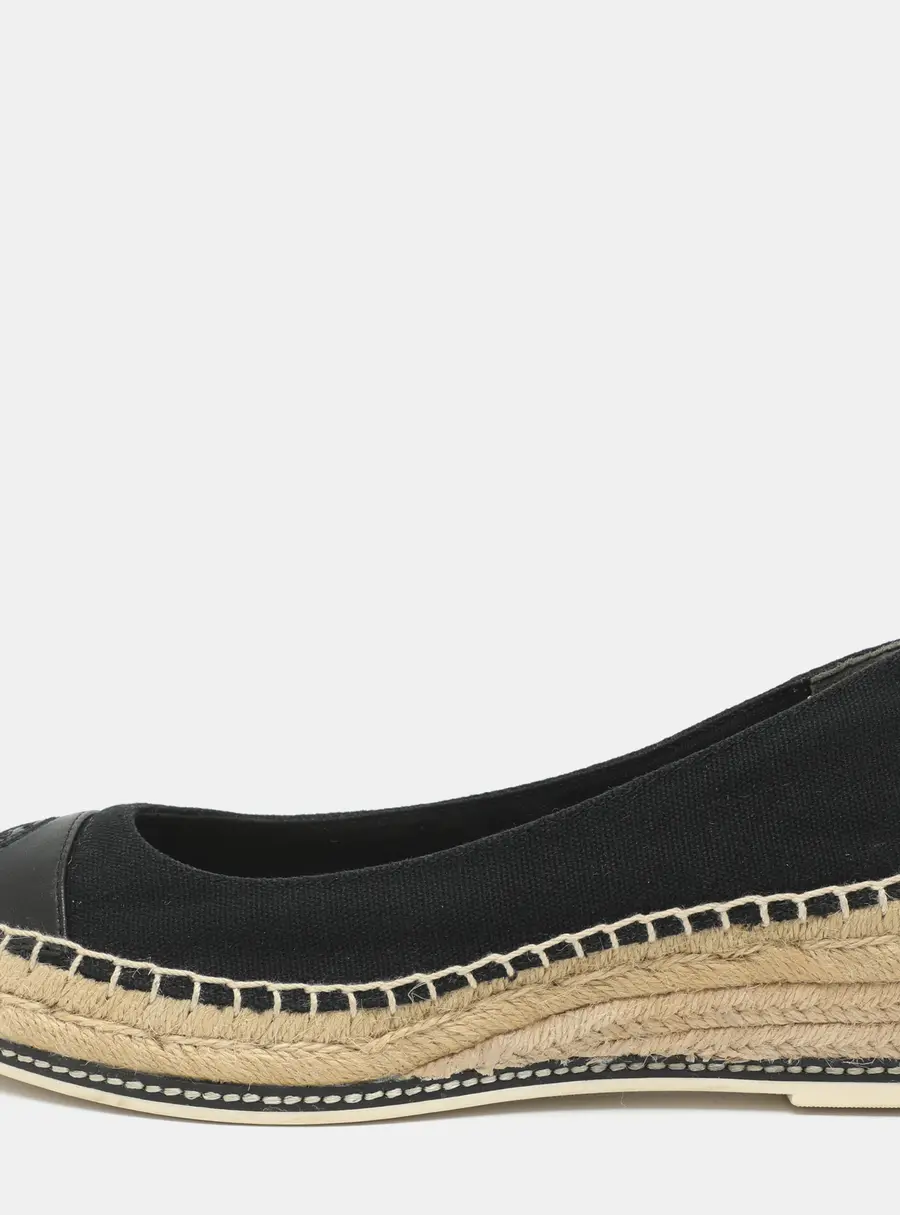 Tory Burch Size 37 Black Canvas and Leather Espadrille Platform Wedge Pumps