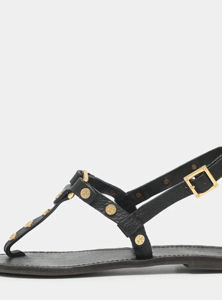 Tory Burch Size 38 Black Leather Studded Thong Slingback Sandals
