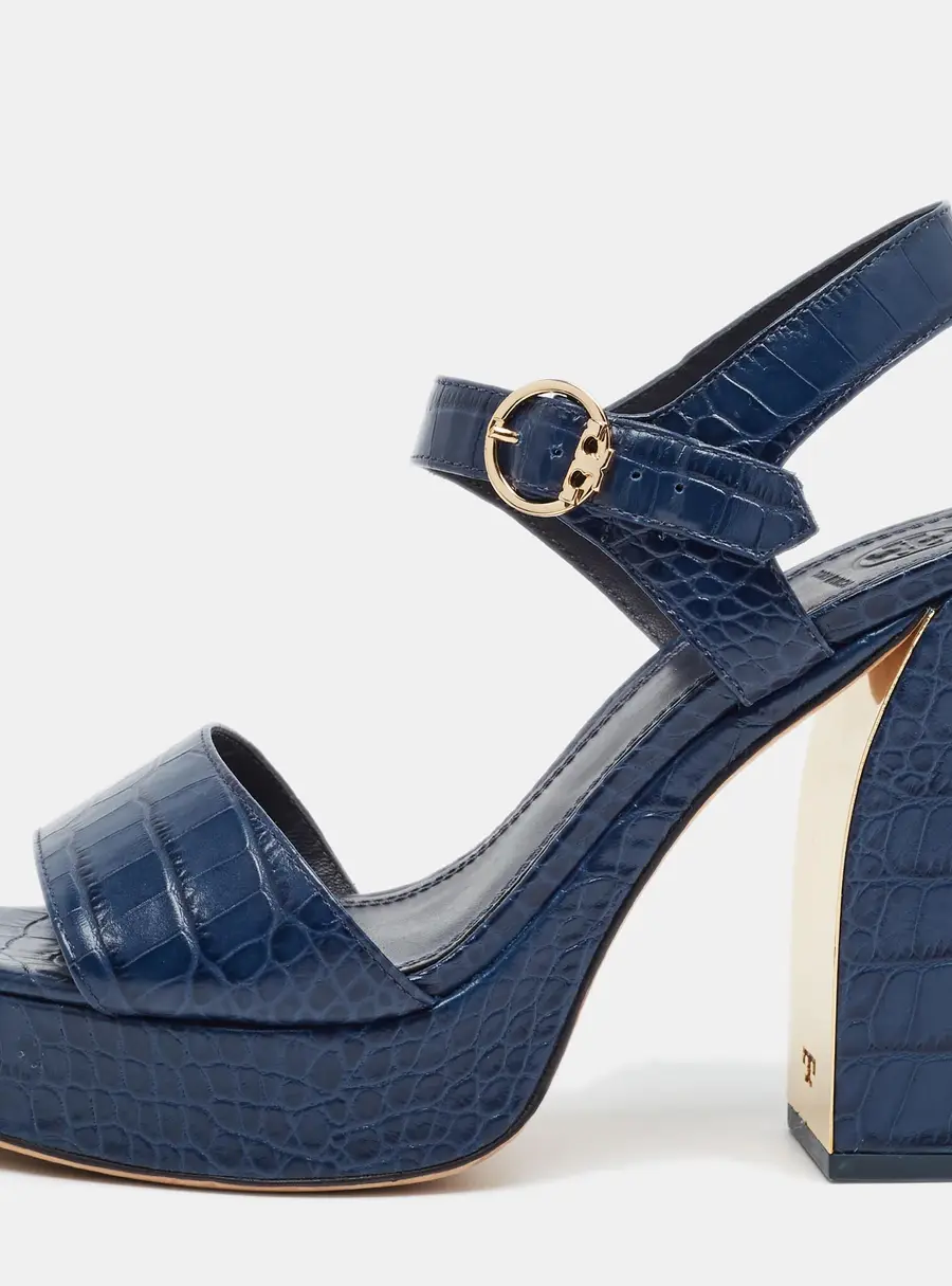 Tory Burch martine Size 38.5 Navy Blue Croc Embossed Leather Platform Sandals
