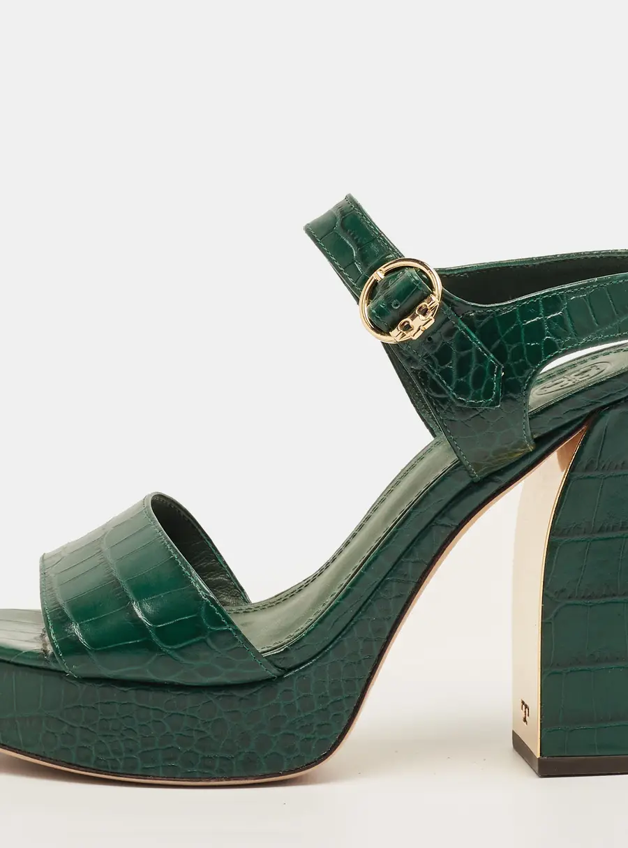 Tory Burch Martine Size 37.5 Green Croc Embossed Leather Ankle Strap Sandals