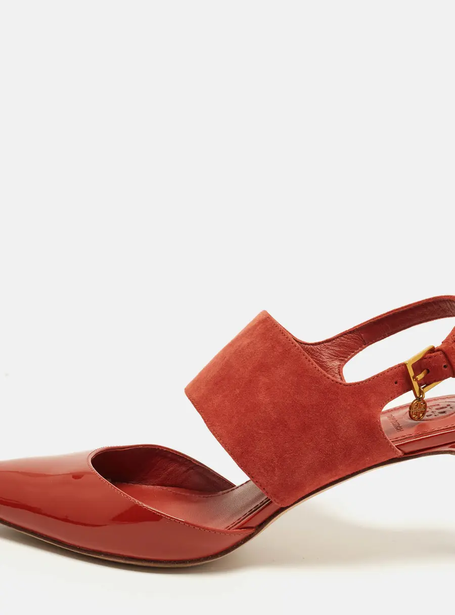 Tory Burch Ashton Size 37.5 Orange Patent Leather and Suede Slingback Pumps