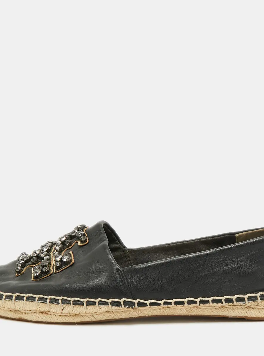 Tory Burch Ines Size 38.5 Black Leather Espadrille Flats
