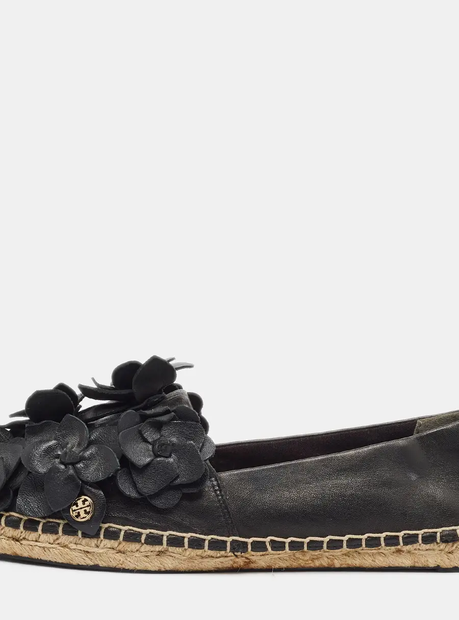 Tory Burch Blossom Size 37 Black Leather Floral Appliqué Espadrille Flats