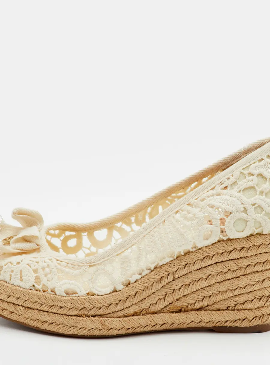 Tory Burch Size 37.5 White Lace Espadrille Platform Wedge Pumps