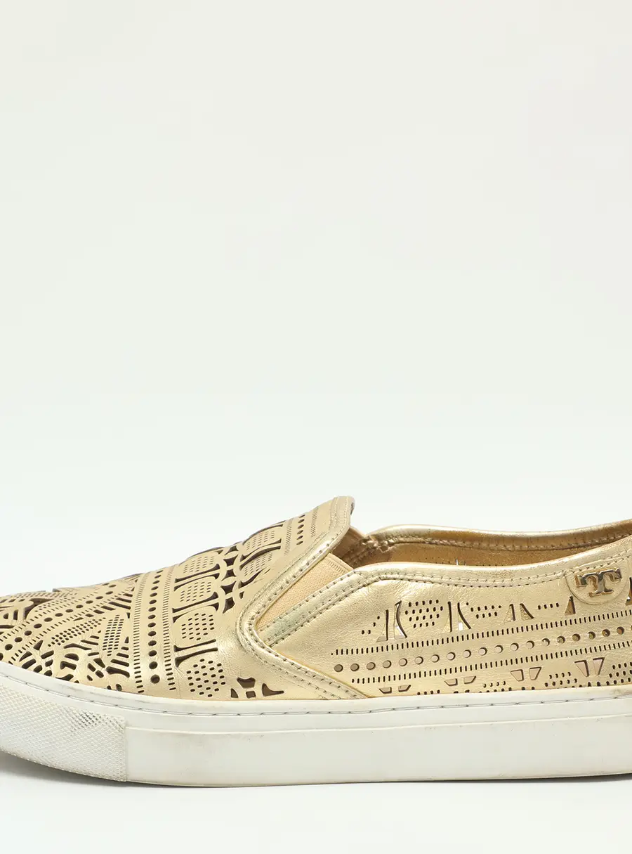 Tory Burch Roselle Cut-Out Size 37.5 Gold Leather Slip On Sneakers