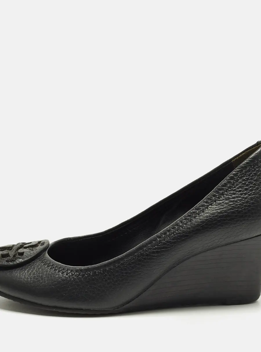 Tory Burch  Size 36 Black Leather Sophie Peep Toe Wedge Pumps