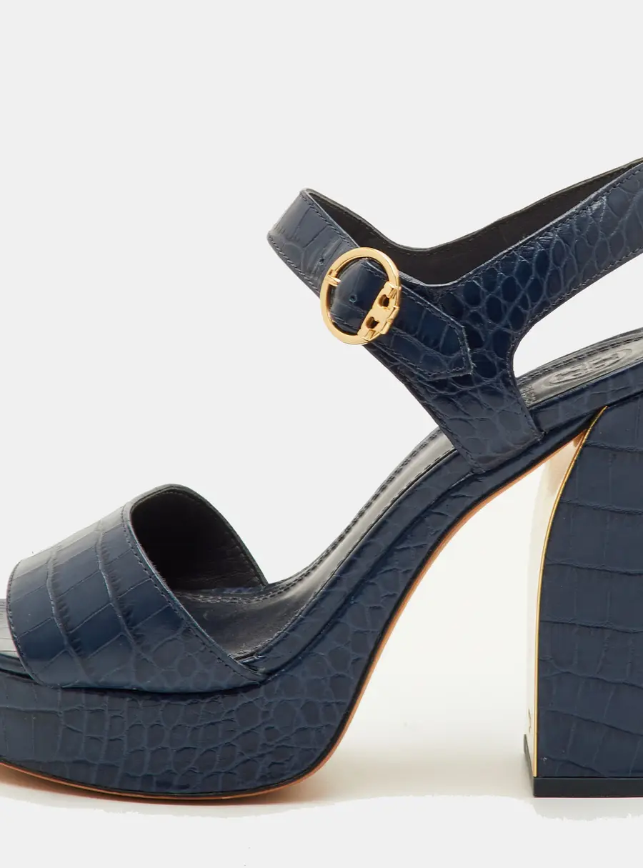 Tory Burch Maritine Size 37 Navy Blue Croc Embossed Leather Platform Ankle Strap Sandals