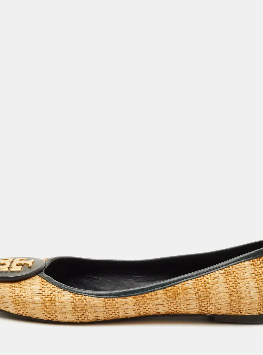Tory Burch Reva Size 39.5 Beige/Dark Green Raffia and Leather Ballet Flats