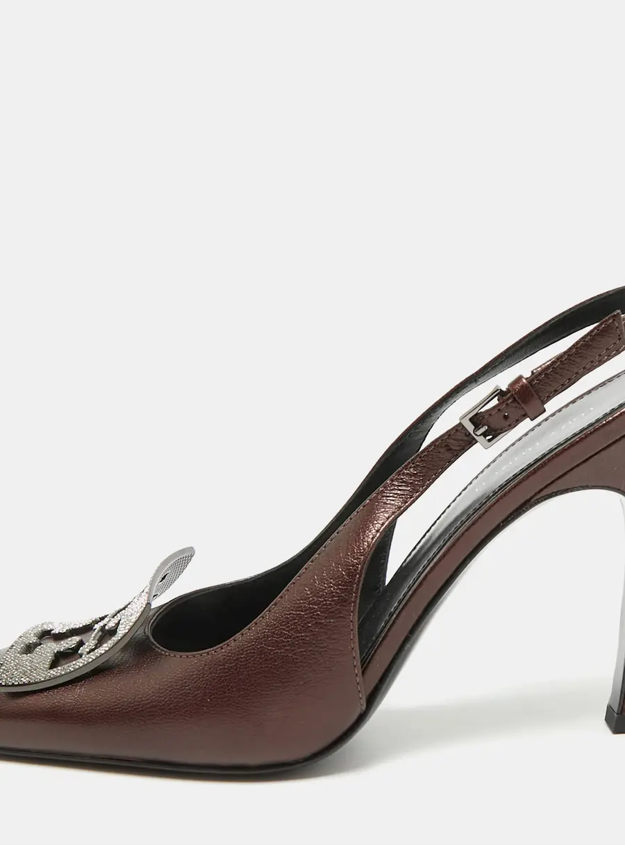 Tory Burch Pave Size 38 Dark Brown Metallic Leather Slingback Pumps