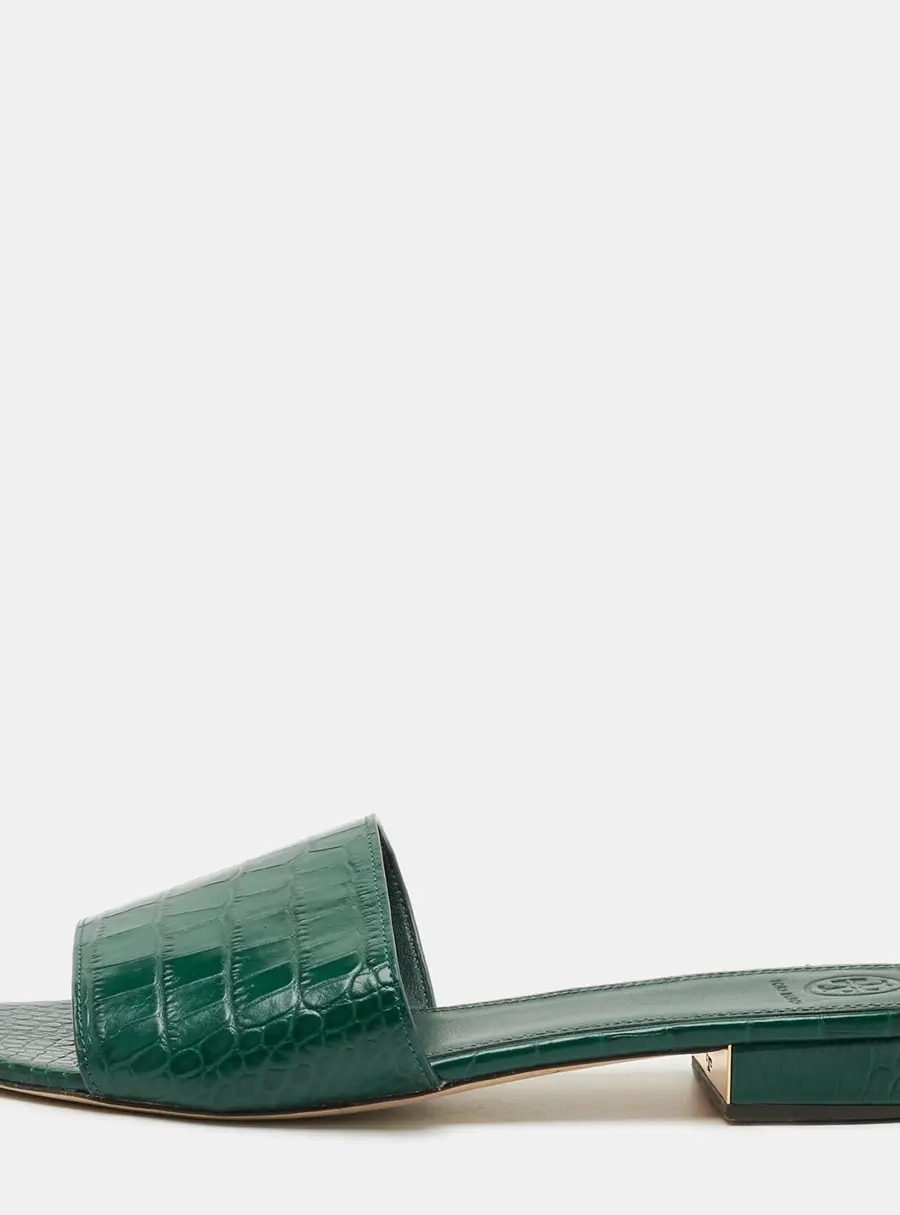 Tory Burch Size 40 Green Croc Embossed Leather Flat Slides