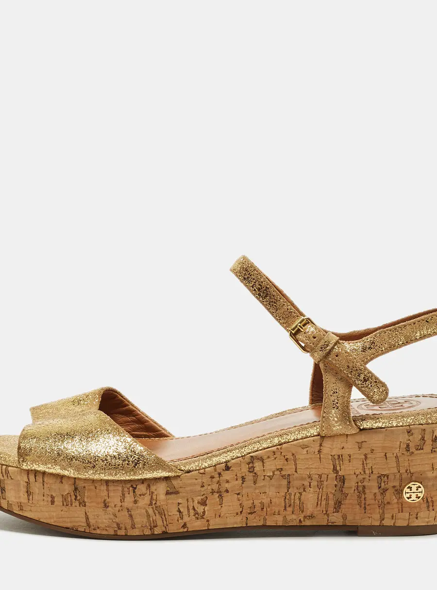Tory Burch Size 37.5 Gold Texture Suede Platform Ankle Strap  Sandals