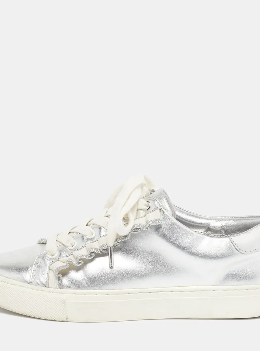 Tory Burch Size 37 Silver Leather Lace Up Sneakers