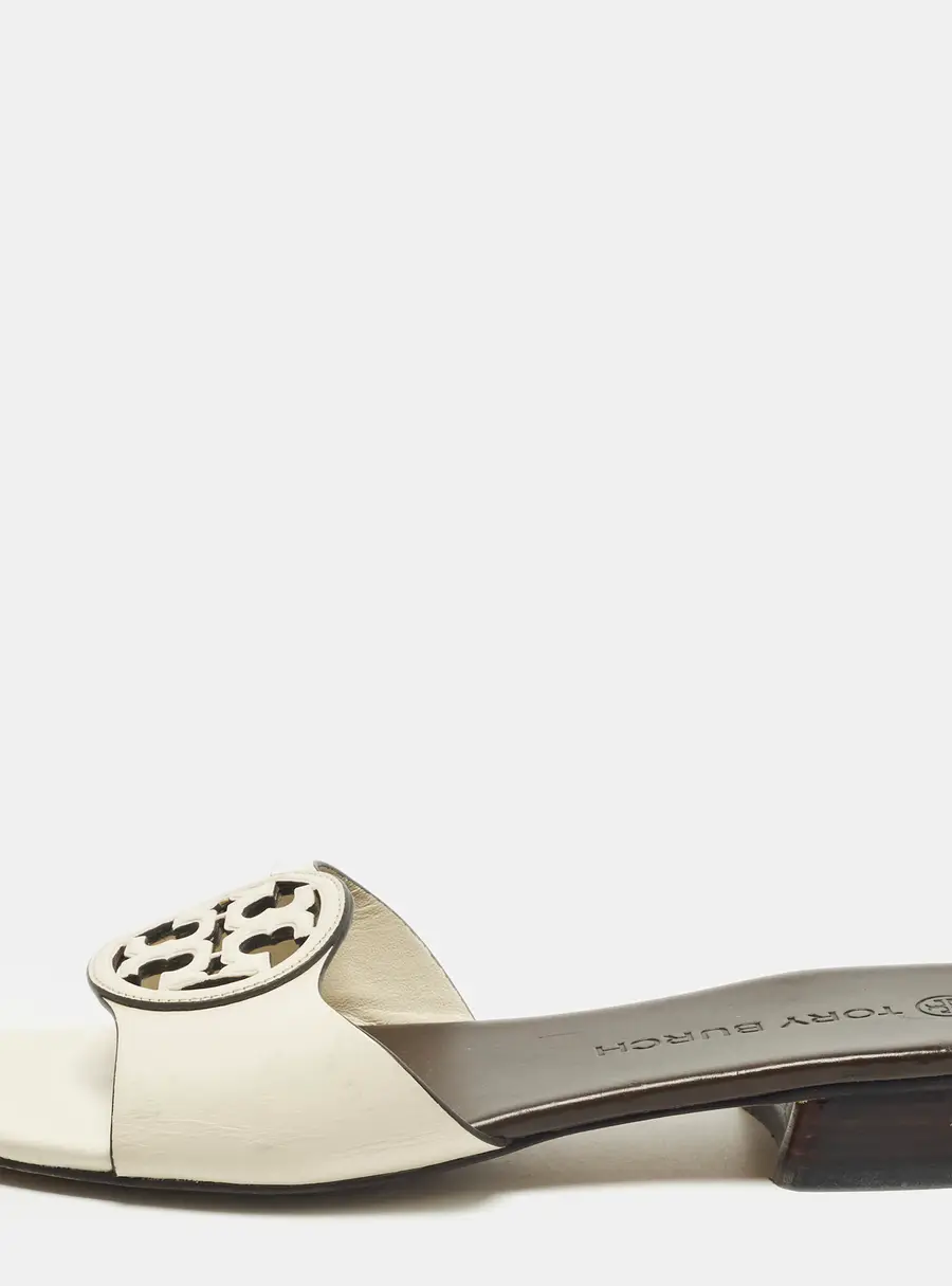 Tory Burch Bombe Miller Size 38 Cream/Dark Brown Leather Slide Sandals