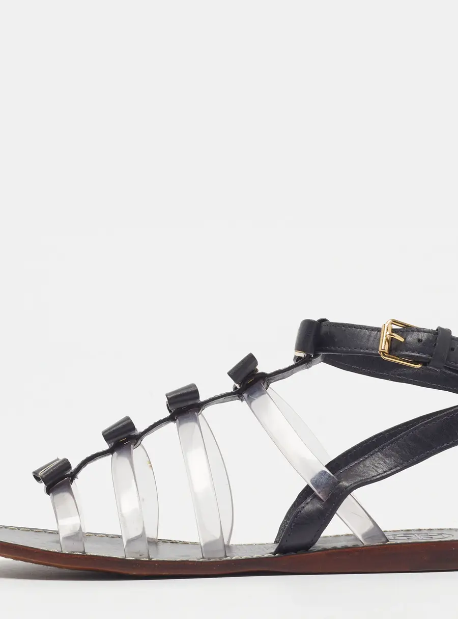 Tory Burch Kira Size 37 Black Leather and PVC Flat Sandals