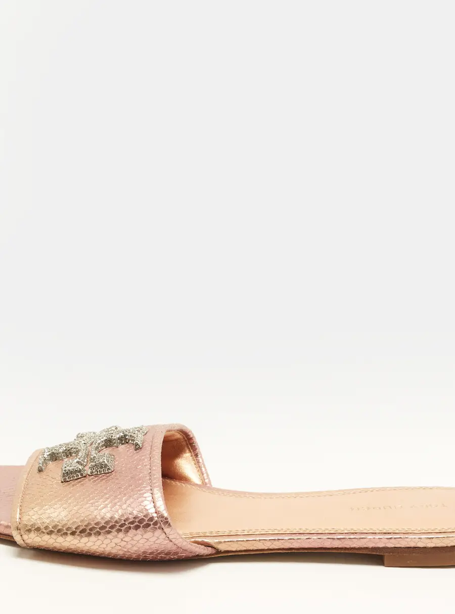 Tory Burch Eleanor Size 37 Metallic Snakeskin Embossed Leather Flat Slide Sandals
