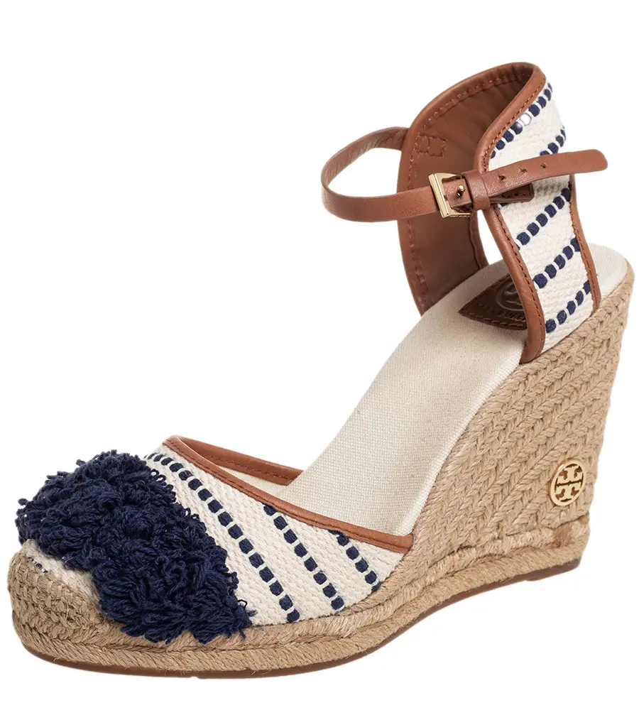 Tory Burch Multicolor Canvas And Leather Trim Wedge Espadrille Ankle Strap Sandals Size 40
