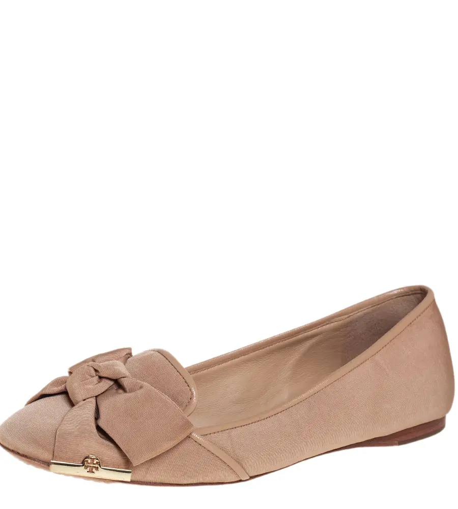 Tory Burch Metallic Beige Fabric Bow Ballet Flats Size 40
