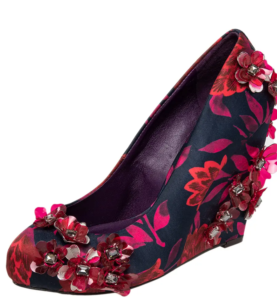 Tory Burch Red/Black Floral Print Satin Elmira Wedge Pumps Size 36.5