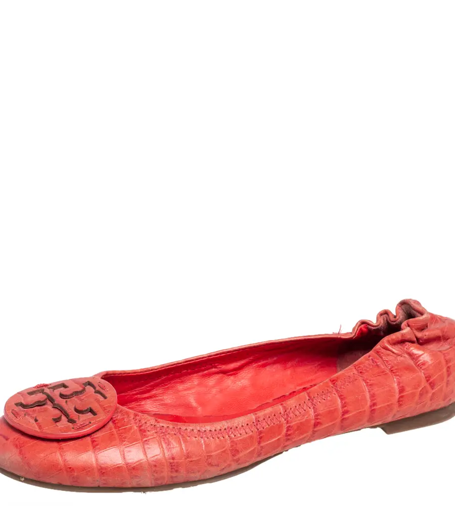 Tory Burch Orange Croc Embossed Leather Minnie Travel Ballet Flats Size 36