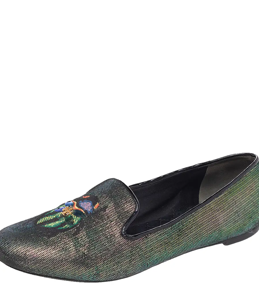 Tory Burch Multicolor Iridescent Leather Beetle Embroidered Smoking Slippers Size 38.5