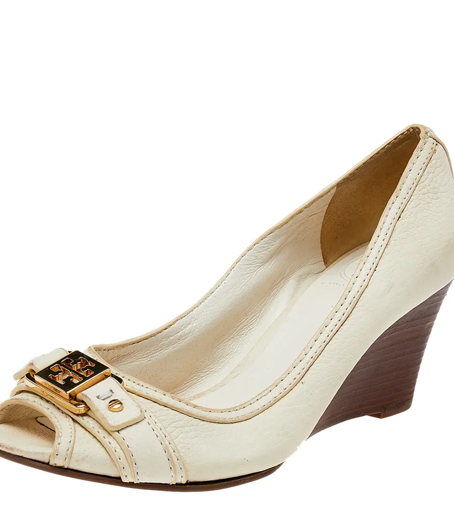 Tory Burch Cream Leather Peep Toe Pumps Size 37.5
