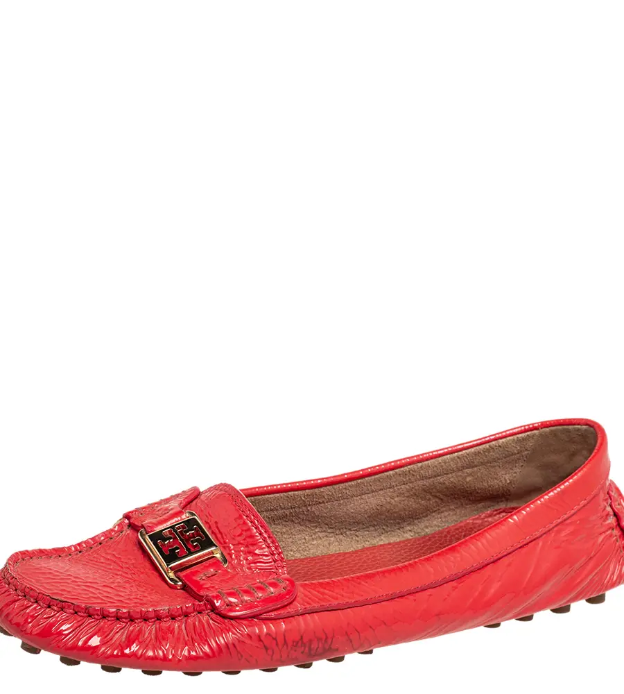 Tory Burch Red Crinkled Patent Leather Driving Loafers Size 40