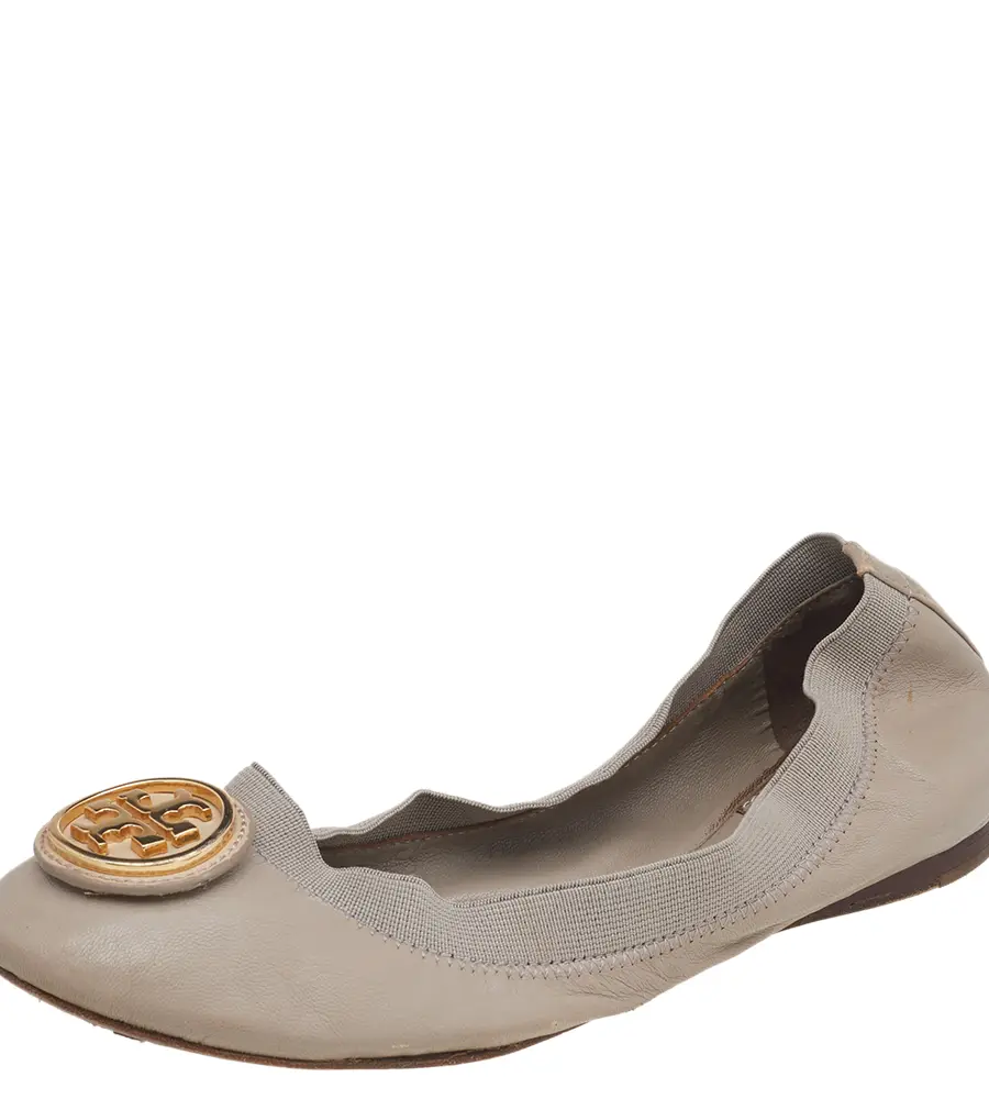 Tory Burch Grey Leather Carolina Scrunch Ballet Flats Size 37