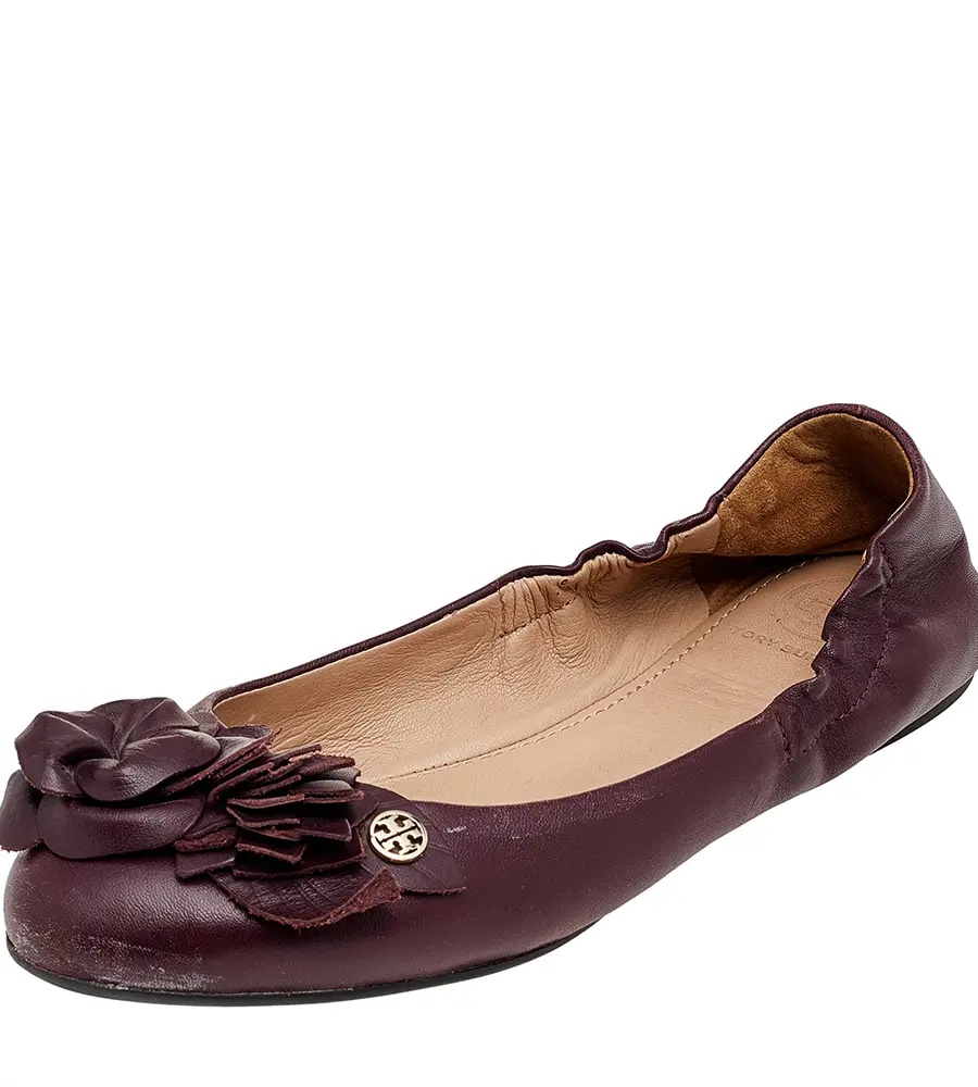 Tory Burch Burgundy Leather Flower Scrunch Ballet Flats Size 35.5