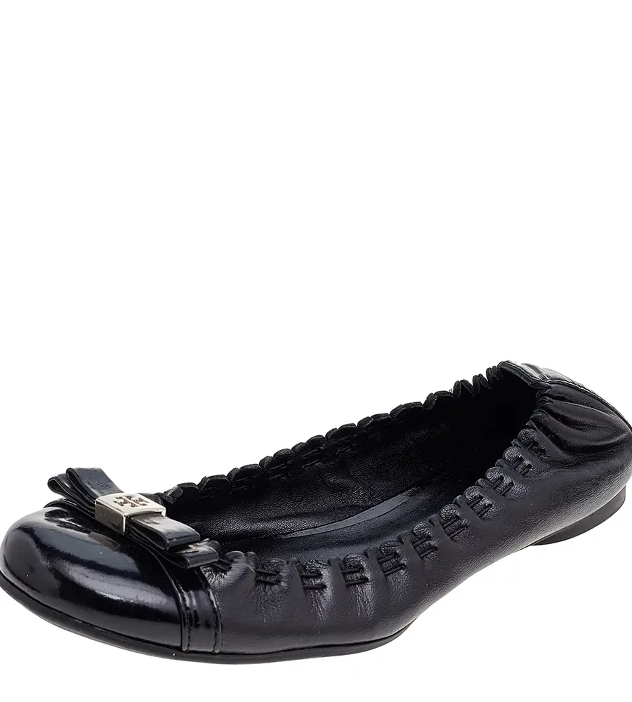 Tory Burch Black Leather Cap Toe Scrunch Ballet Flats Size 36