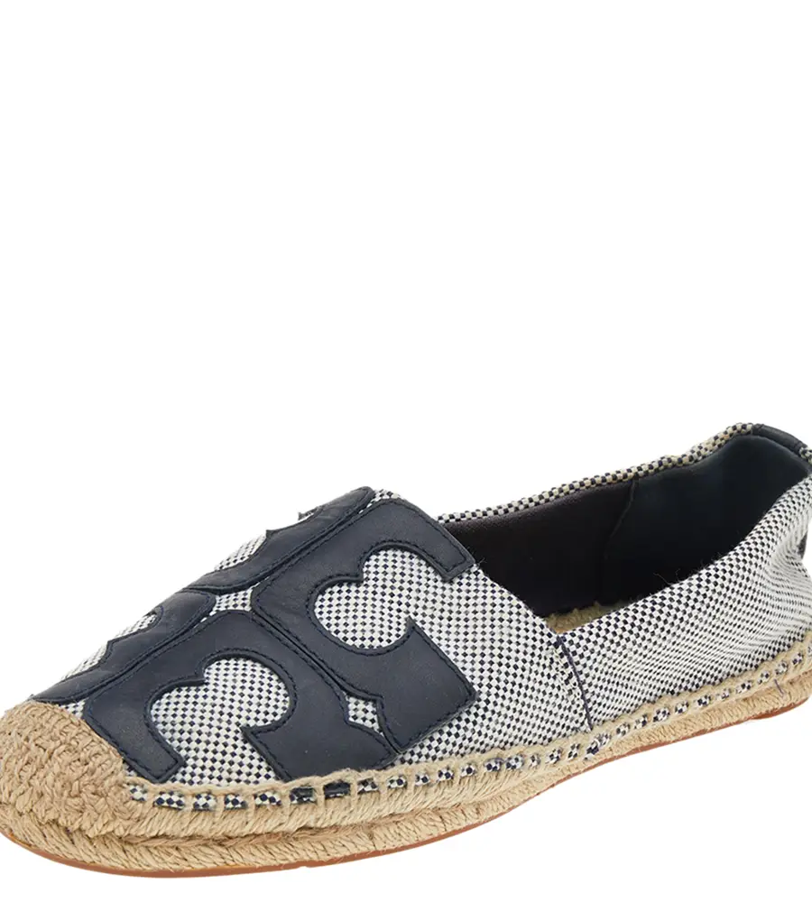 Tory Burch Black/White Canvas And Leather Logo Lonnie Espadrilles Flats Size 37