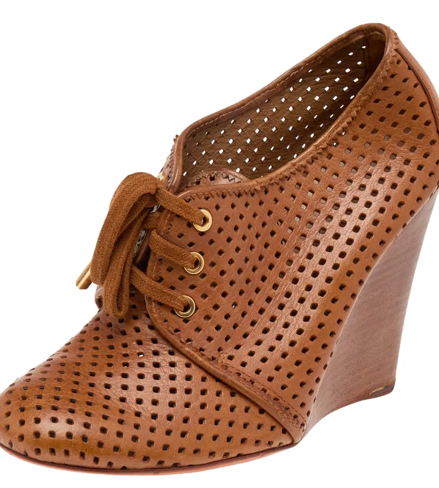 Tory Burch Brown Perforated Leather Wedge Sneakers Size 38.5