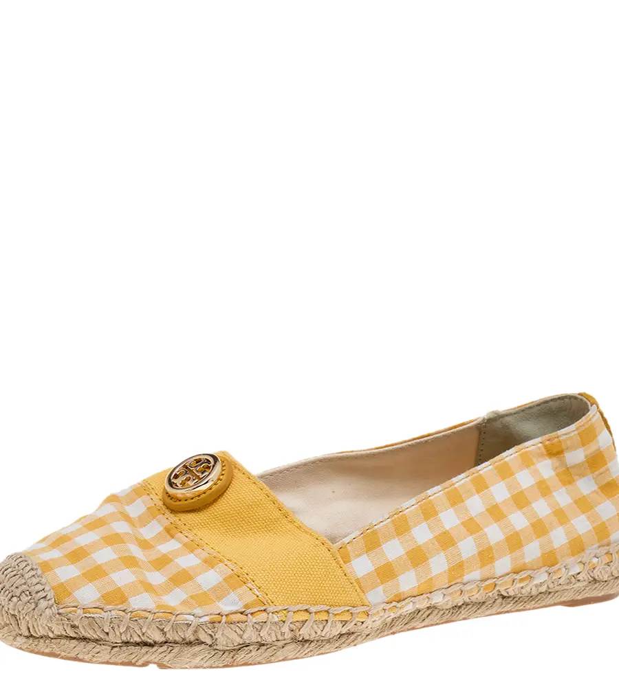 Tory Burch Yellow/White Gingham Fabric And Canvas Espadrille Flats Size 37.5