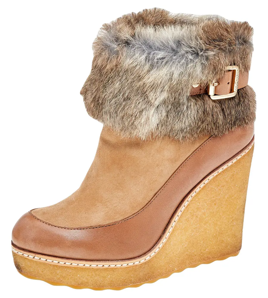 Tory Burch Tan Leather, Suede And Fur Wedge Ankle Boots Size 37
