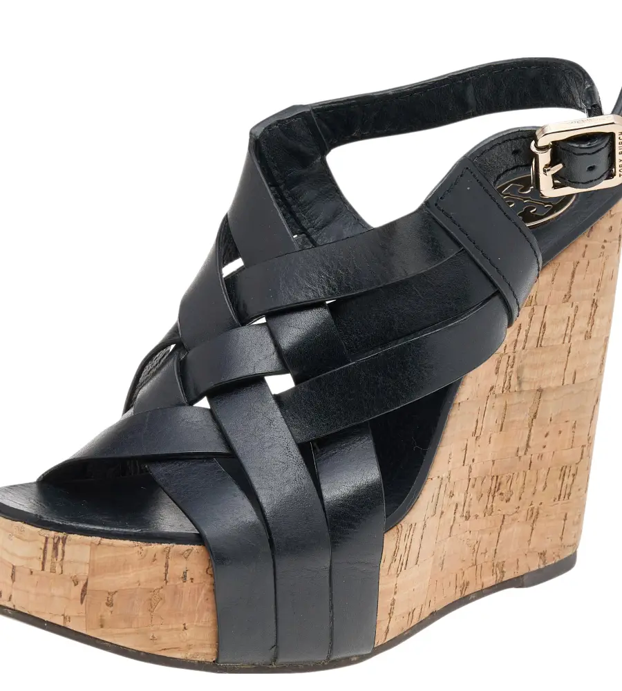 Tory Burch Black Leather Cork Wedge Strappy Platform Sandals Size 38