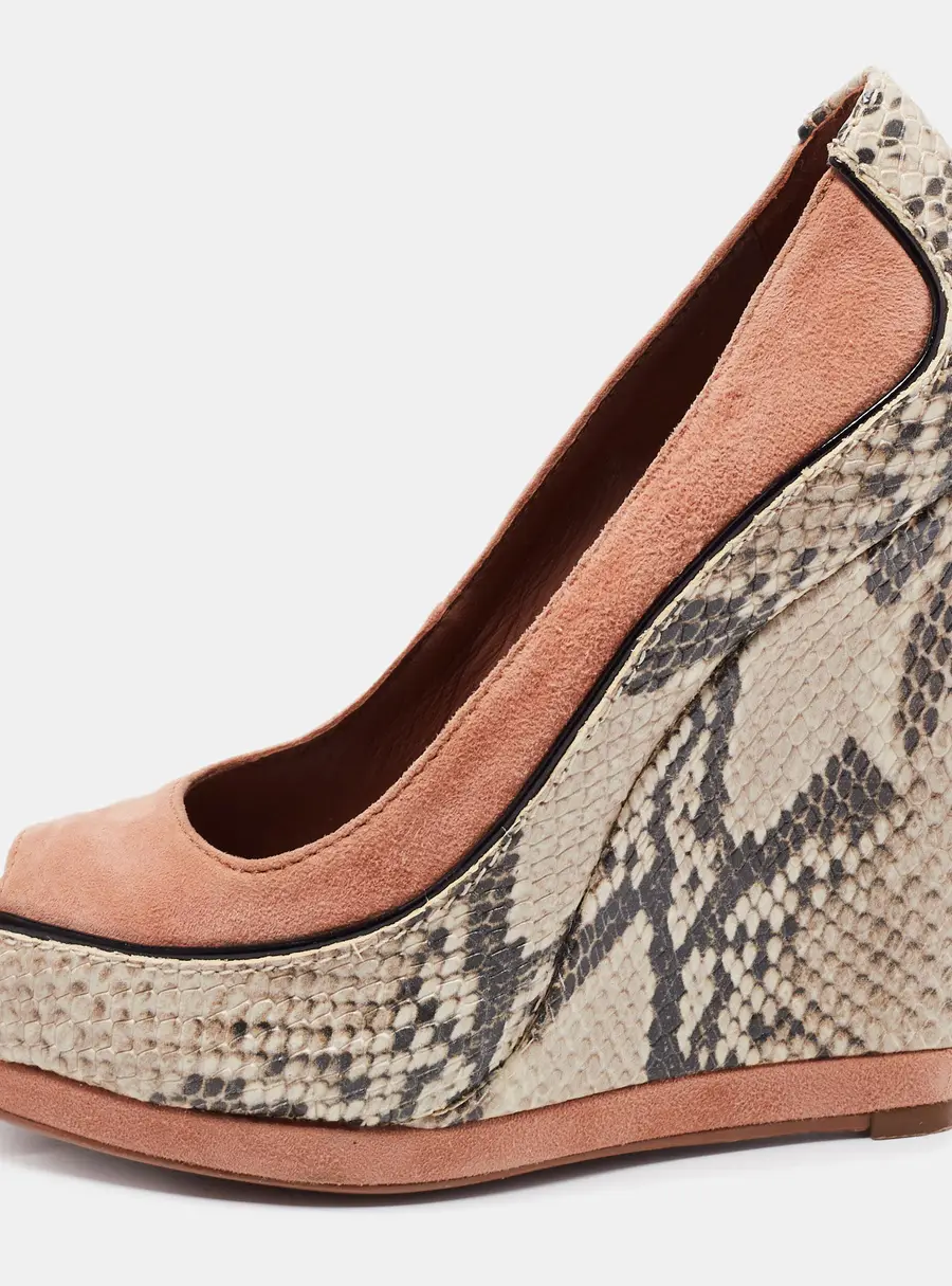Tory Burch Beige Suede And Python Embossed Leather Sandra Wedge Platform Pumps Size 35