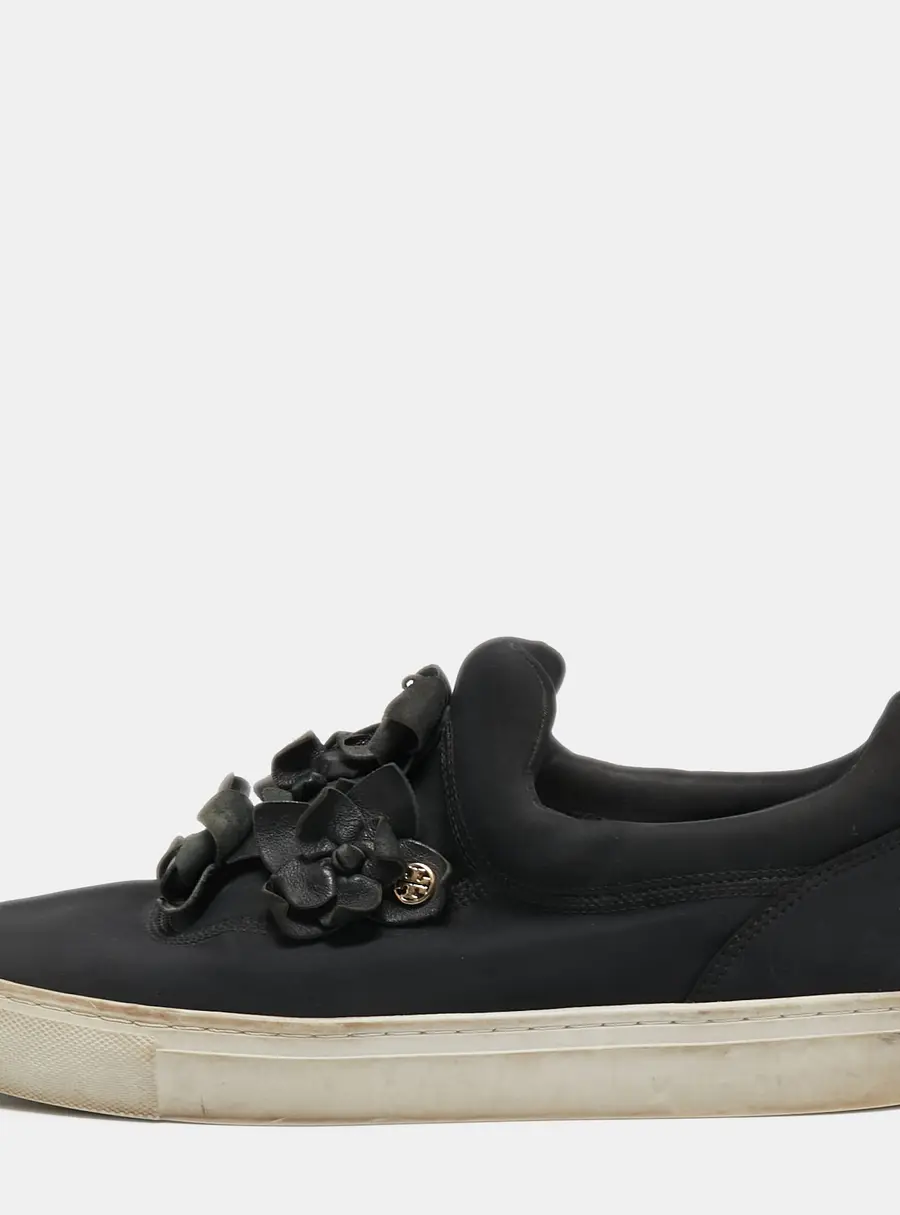 Tory Burch Black Neoprene and Leather Blossom Applique Slip On Sneakers Size 40.5