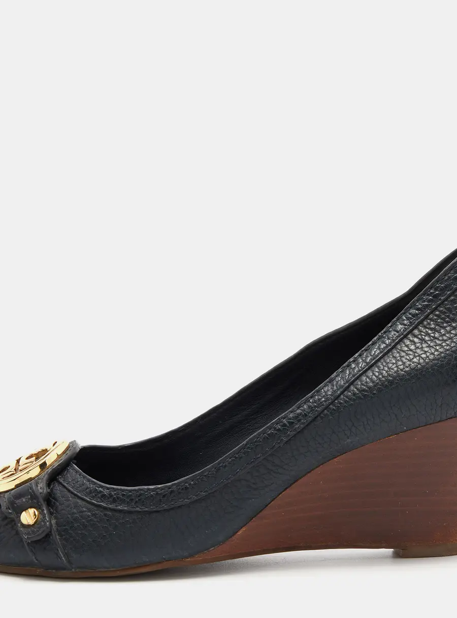 Tory Burch Navy Blue Leather Leticia Peep Toe Wedge Pumps Size 37.5