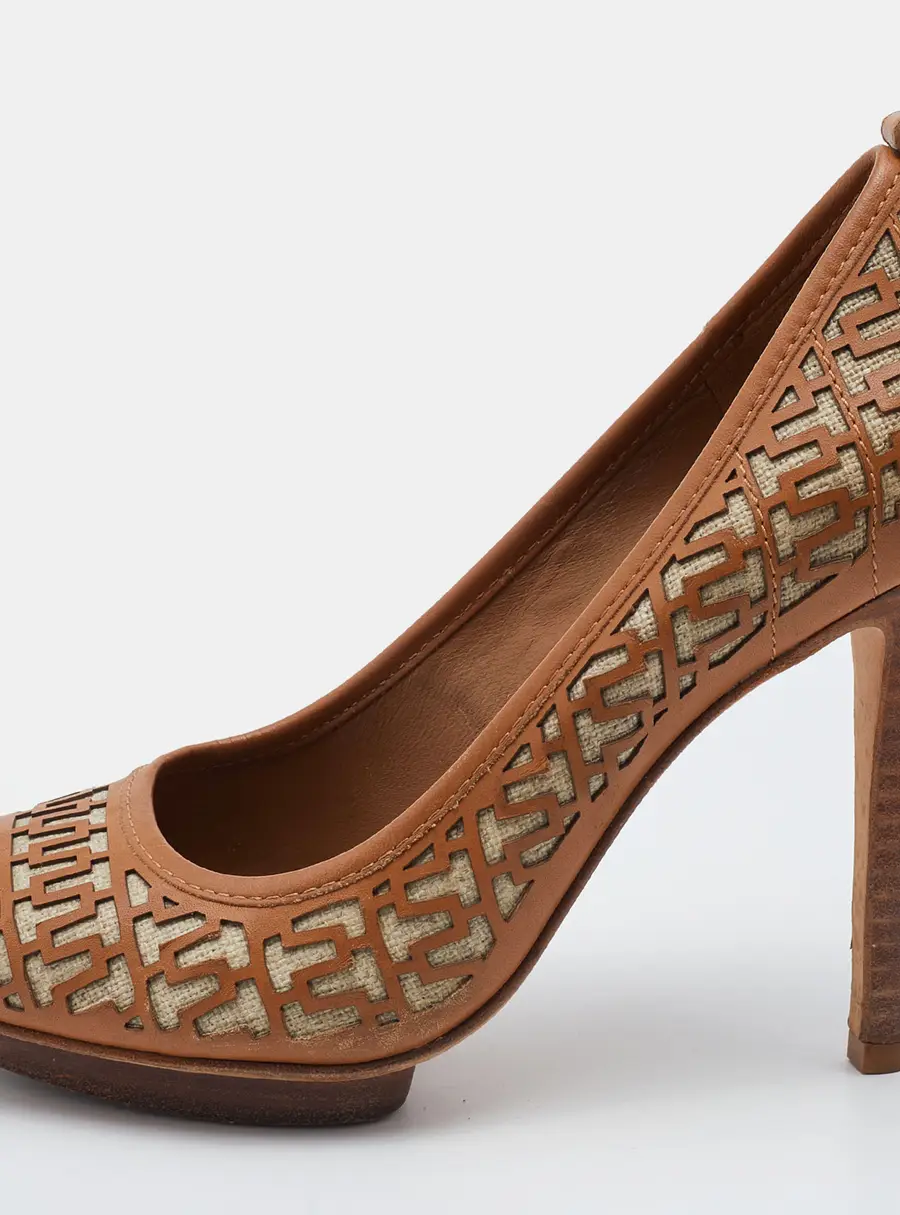 Tory Burch Brown Leather Regan High Heel Peep Toe Pumps Size 38