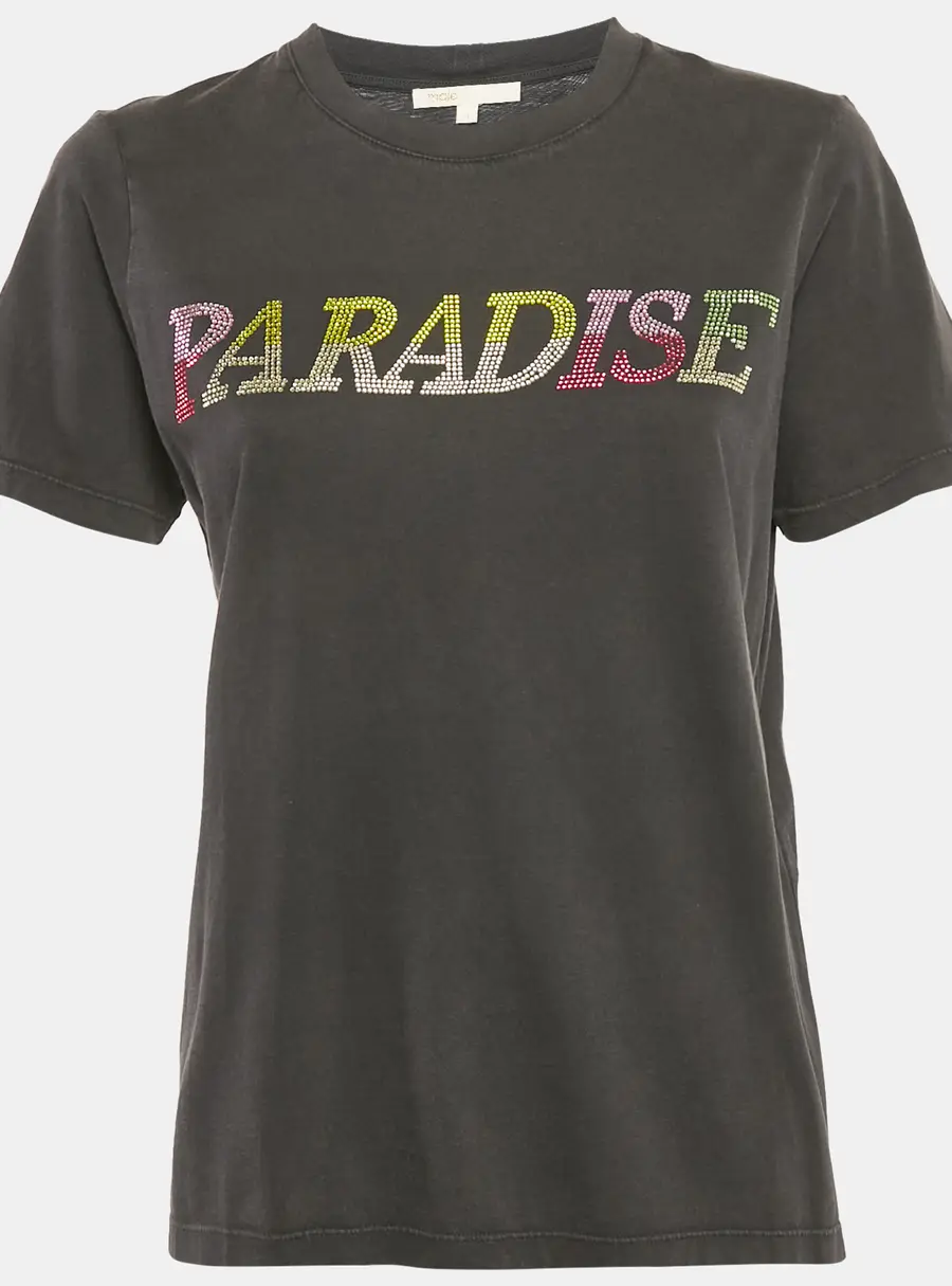 Maje Grey Paradise Embellished Jersey T-Shirt S
