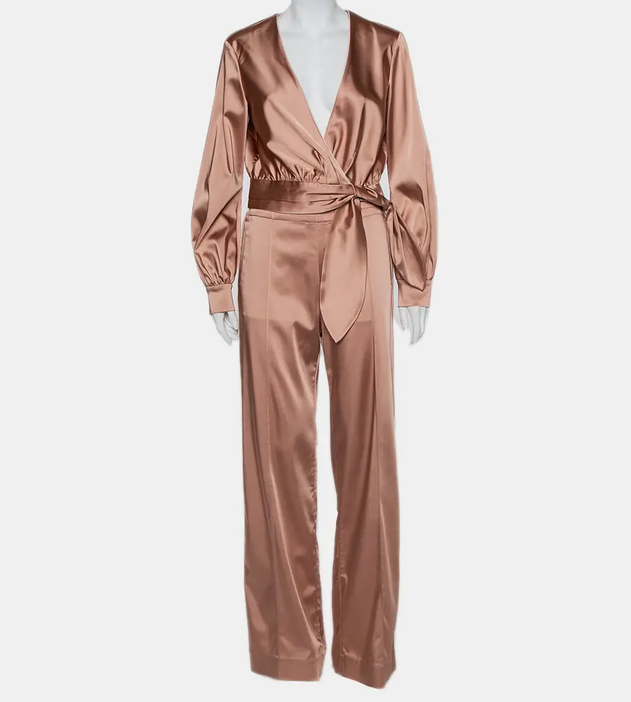 Jonathan Simkhai Salmon Pink Crepe Satin Wrap Crop Top & Wide Leg Track Pants Set M