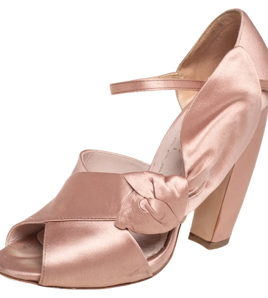 Miu Miu Beige Satin Bow Detail Ankle Strap Block Heel Pumps Size 36