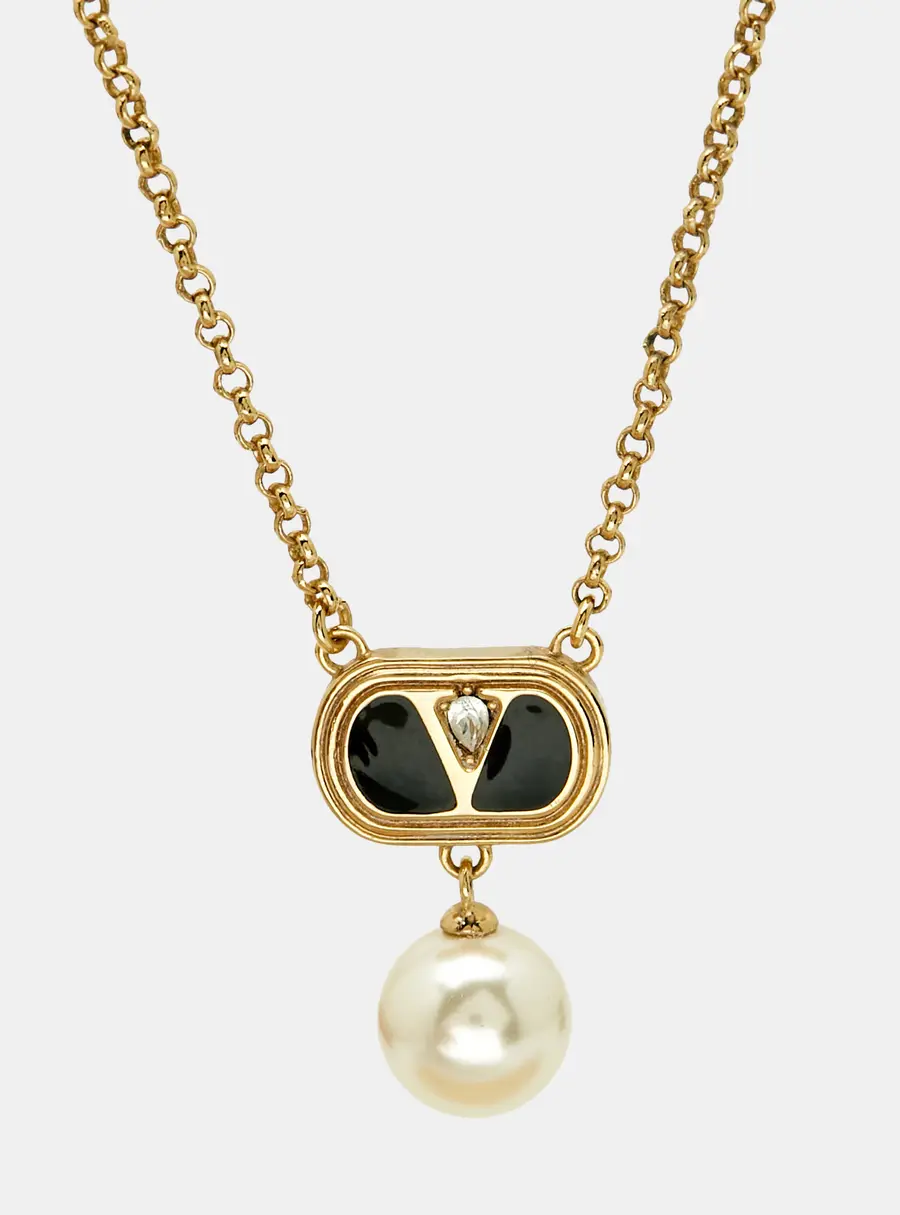 Valentino Crystals Enamel Faux Pearl Gold Tone Necklace
