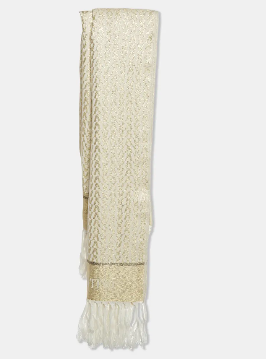 Valentino White/Gold Monogram Lurex Jacquard Fringed Scarf