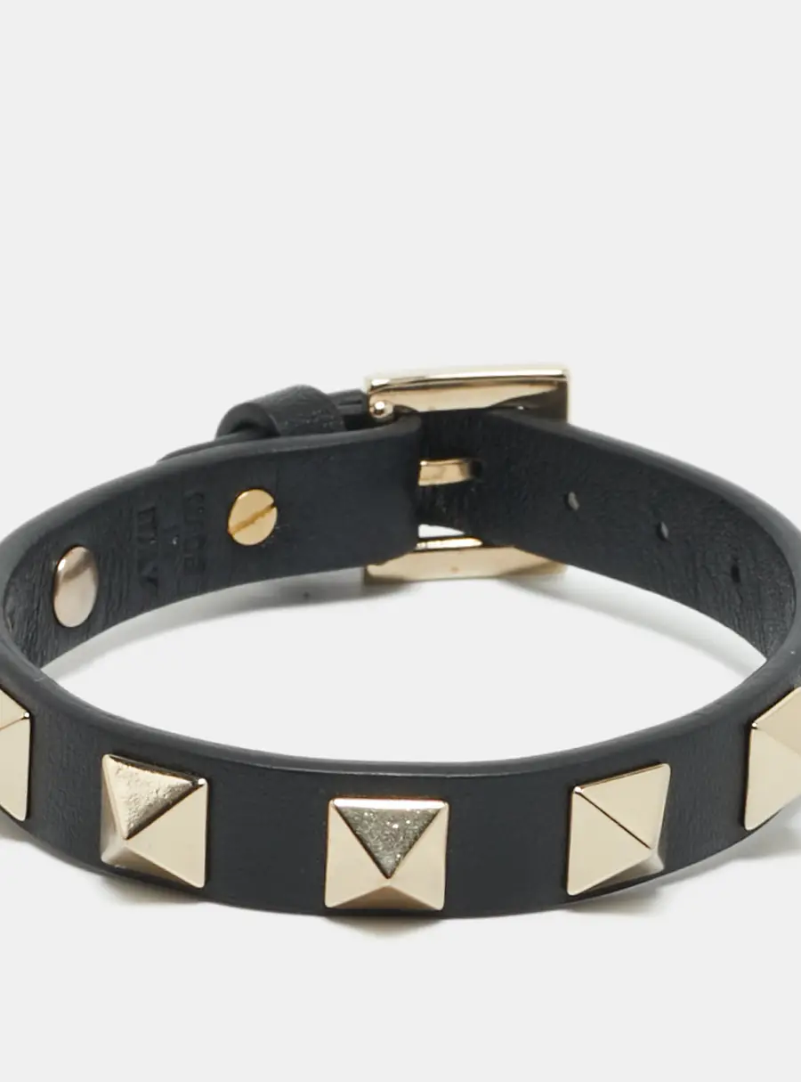 Valentino Rockstud Black Leather Gold Tone Bracelet